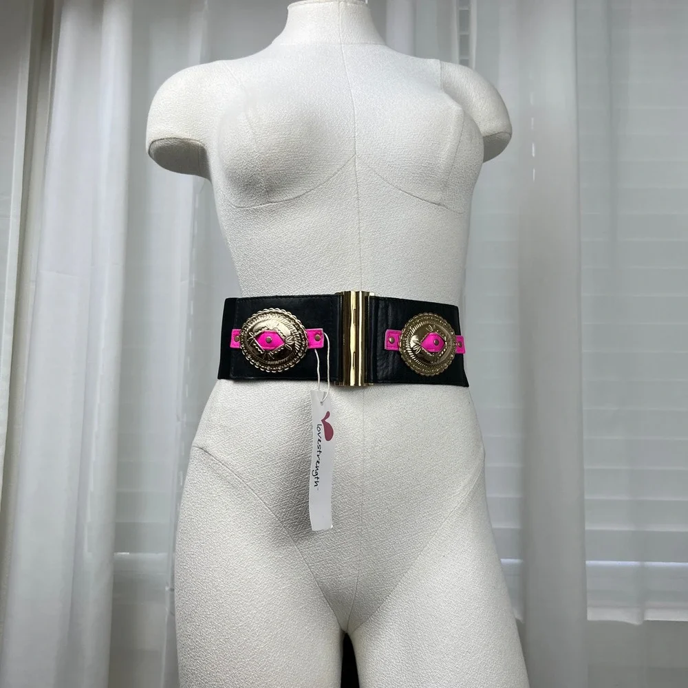 Lovestrength‎ Minx Belt Black Neon Pink Gold Concho Elastic Waist S112 NWT